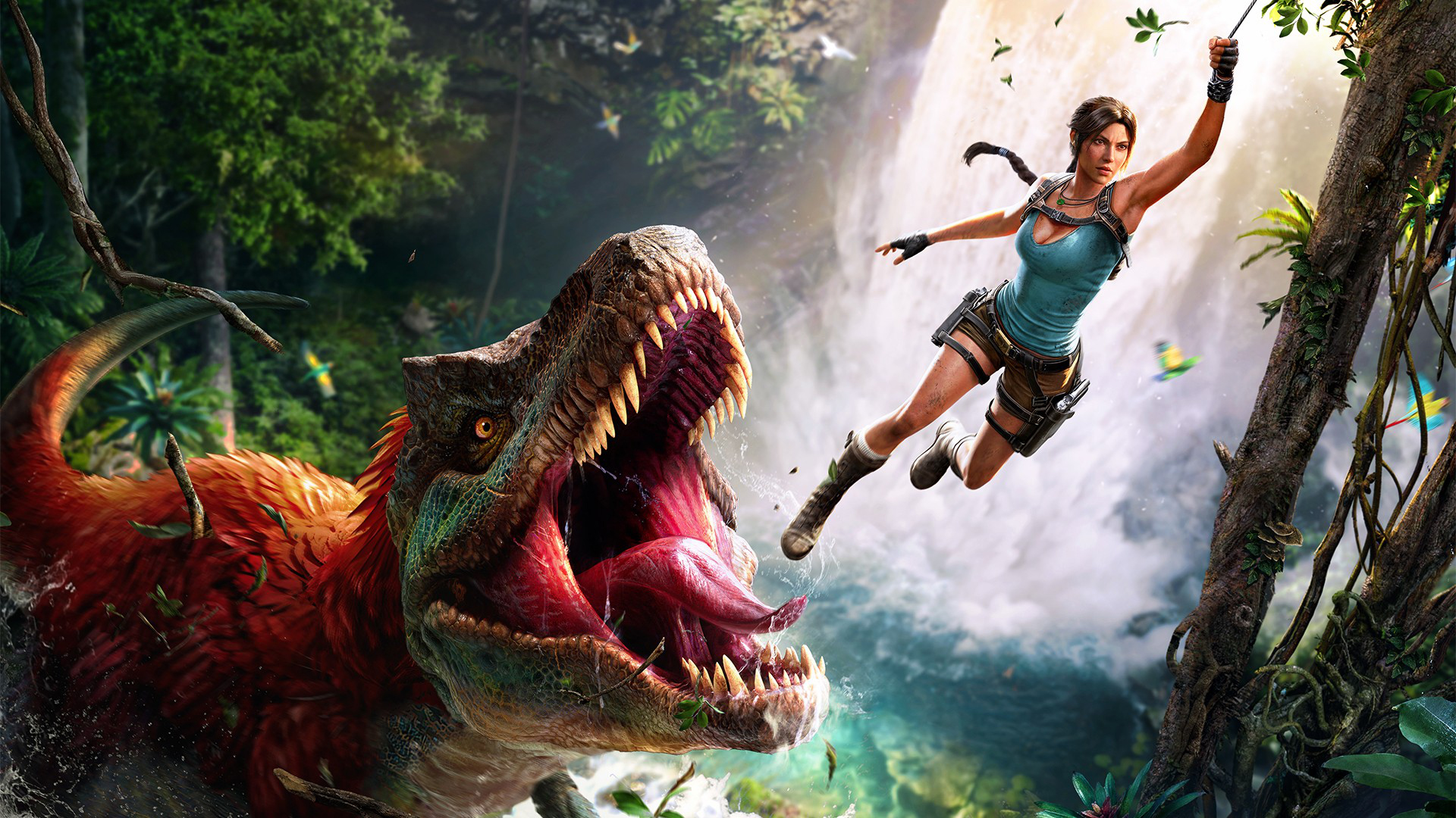 Lara échappant aux crocs du T-rex